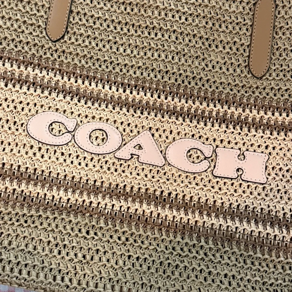 Coach Woven Straw Tote in Brown and Pink - Picture 4 of 9